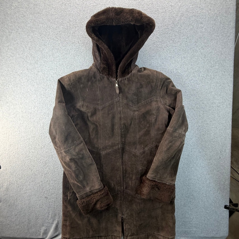 Covington Outerwear Brown Suede Leather Hooded Faux Fur Lined Parka Coat Mens M